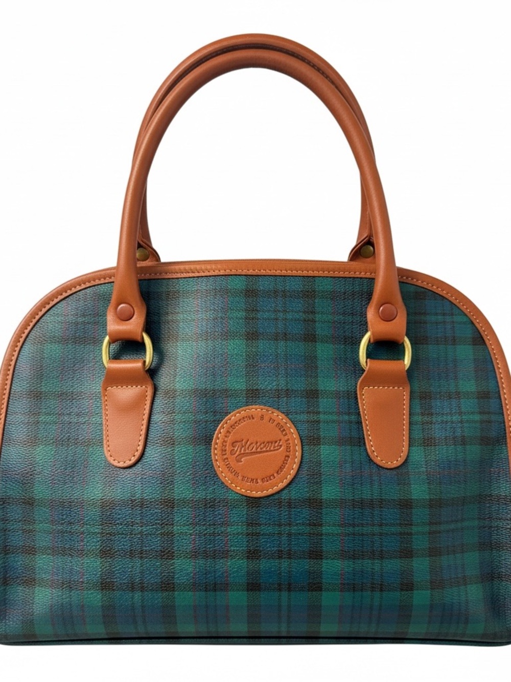 Vintage Merona Green Tartan Boston Bag with Cognac Trim